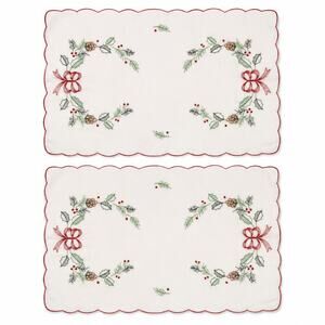 Vintage Hand Embroidered Christmas Dresser Scarves Wreath Holly Set of 2